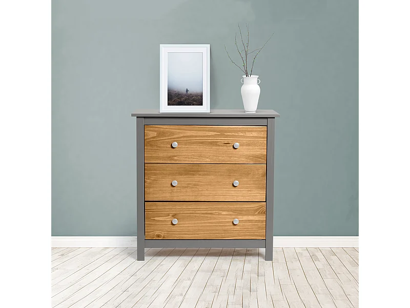 Nachtkastje Bonnie Grijs 3 laden in was, metalen geleiders, 79 x 40 x 80 cm