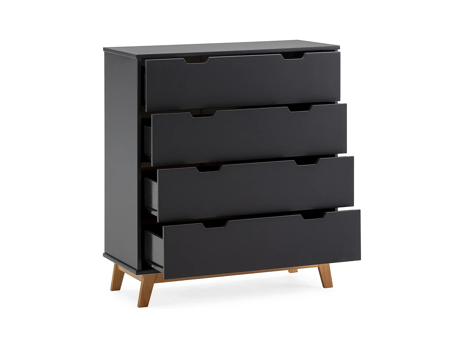 Nachtkastje Miranda met 4 laden Antraciet, gelakt MDF, houten poten en metalen geleiders