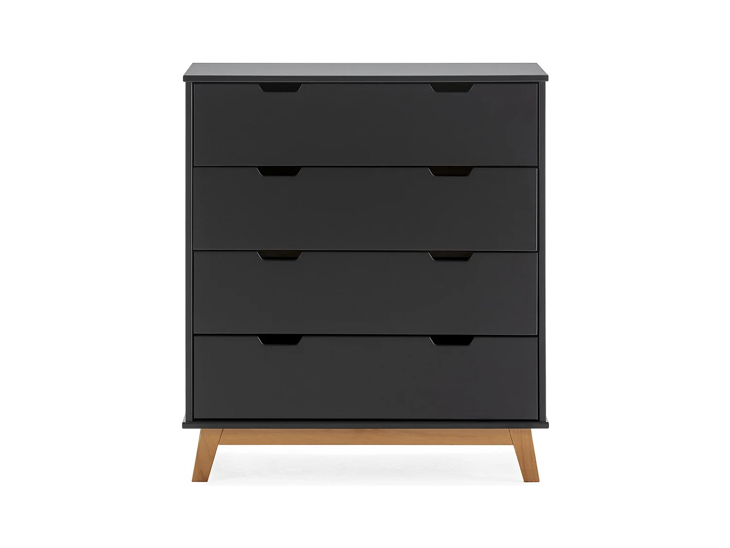 Nachtkastje Miranda met 4 laden Antraciet, gelakt MDF, houten poten en metalen geleiders