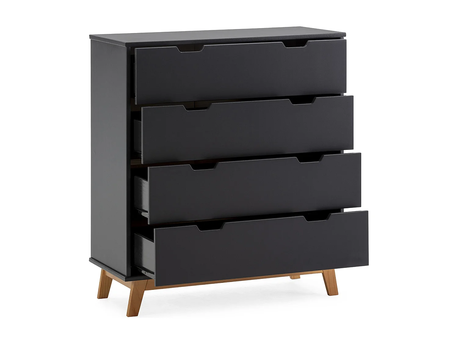 Commode Miranda avec 4 tirois en Couleur Anthracite, Pieds en Bois Naturel