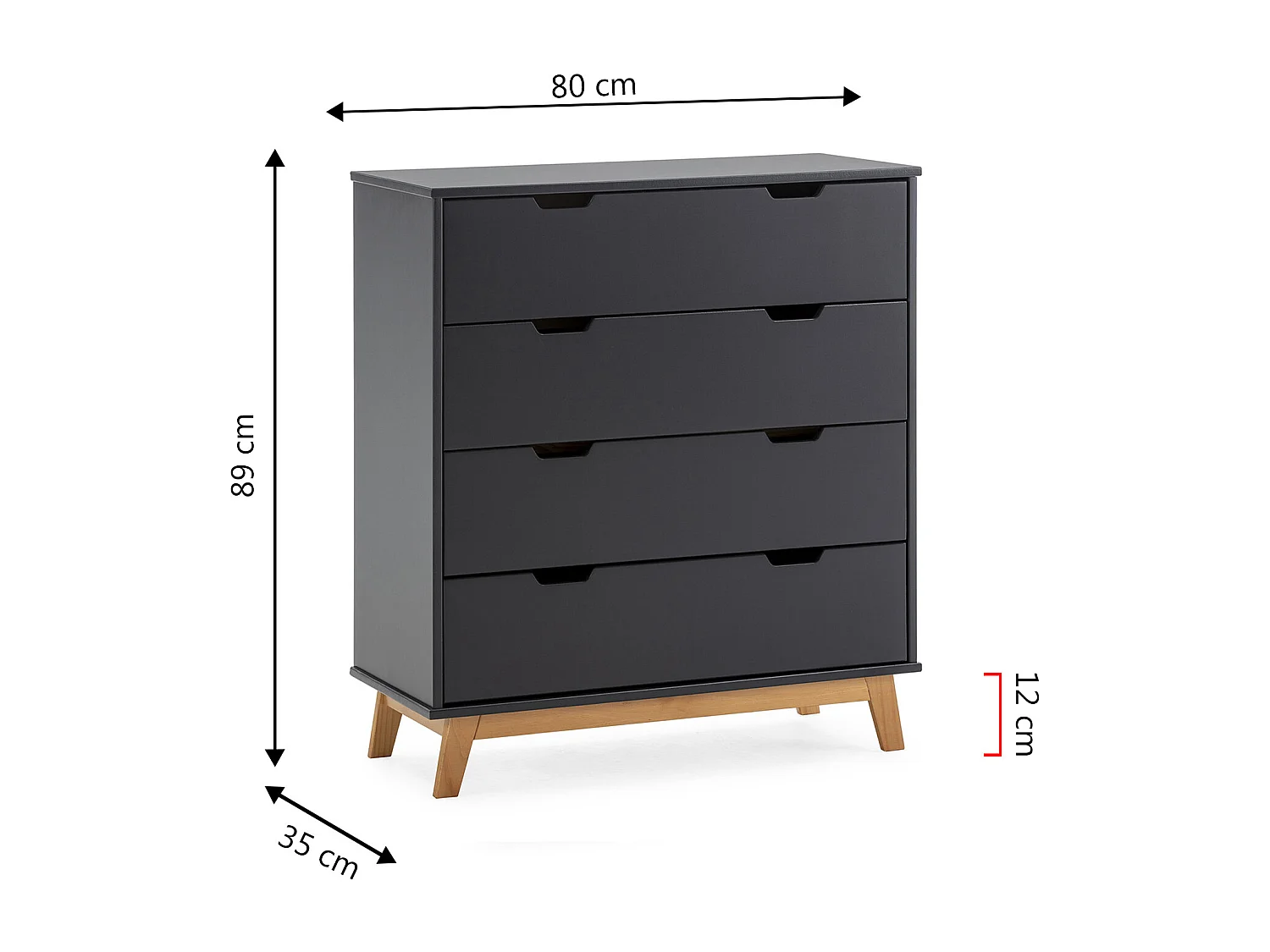 Commode Miranda avec 4 tirois en Couleur Anthracite, Pieds en Bois Naturel