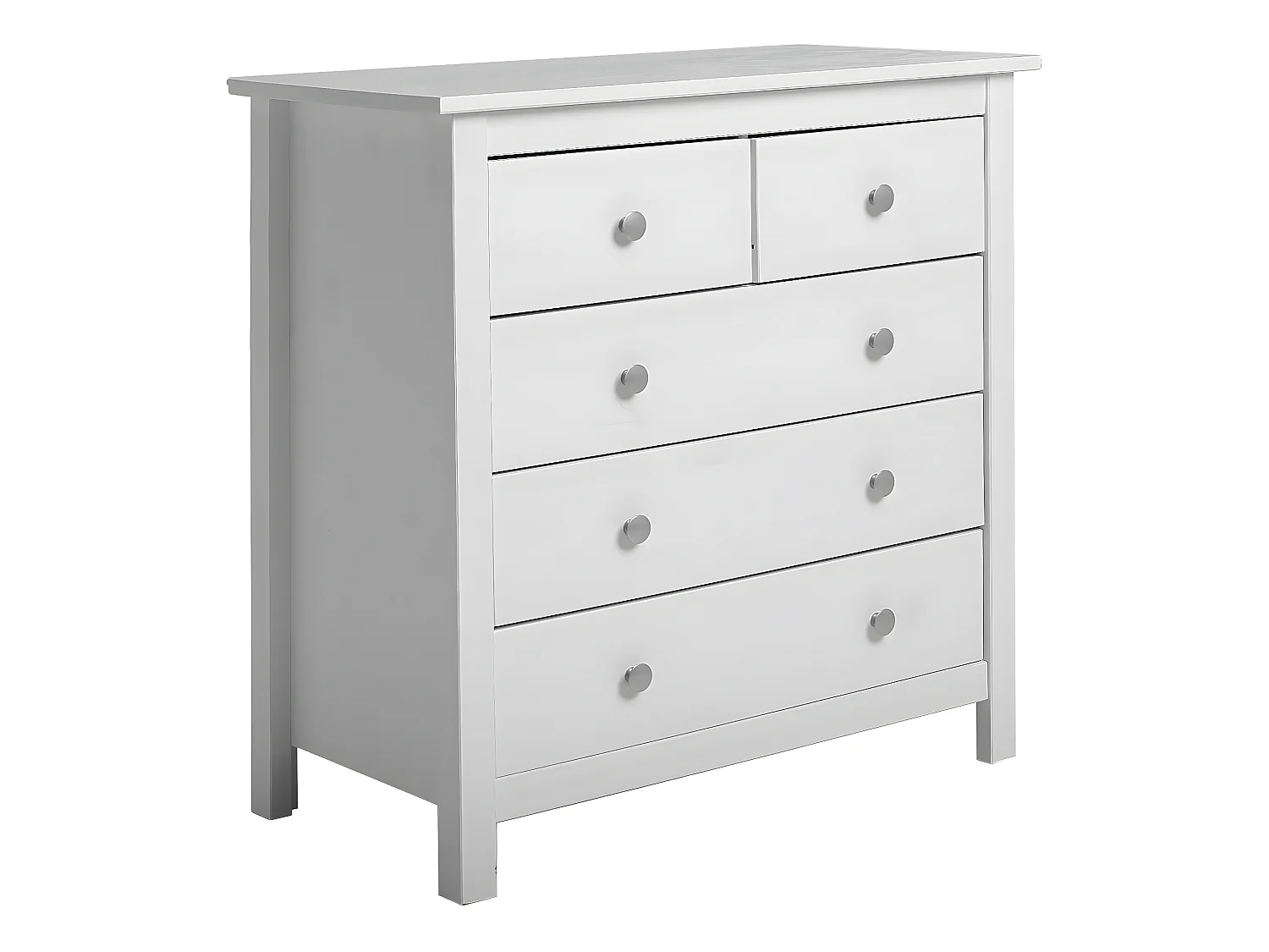 Cômoda de 5 gavetas Berna em branco e gavetas brancas, pinho maciço.