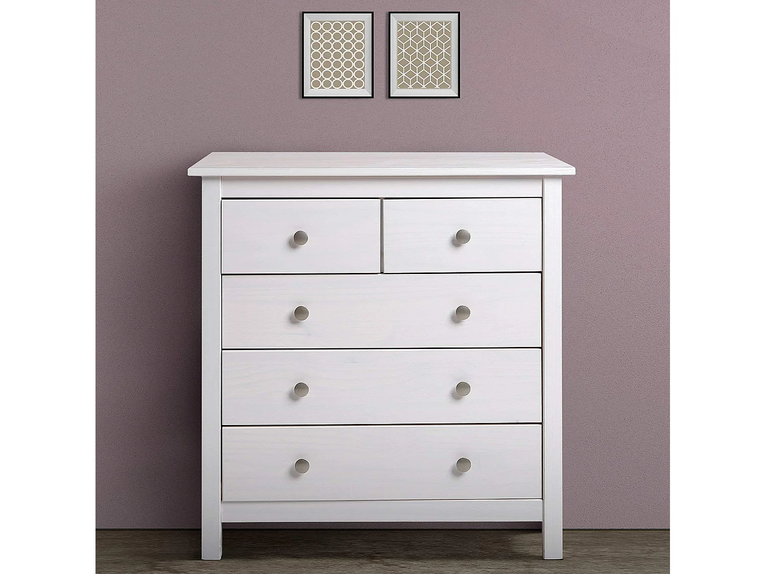 Cômoda de 5 gavetas Berna em branco e gavetas brancas, pinho maciço.