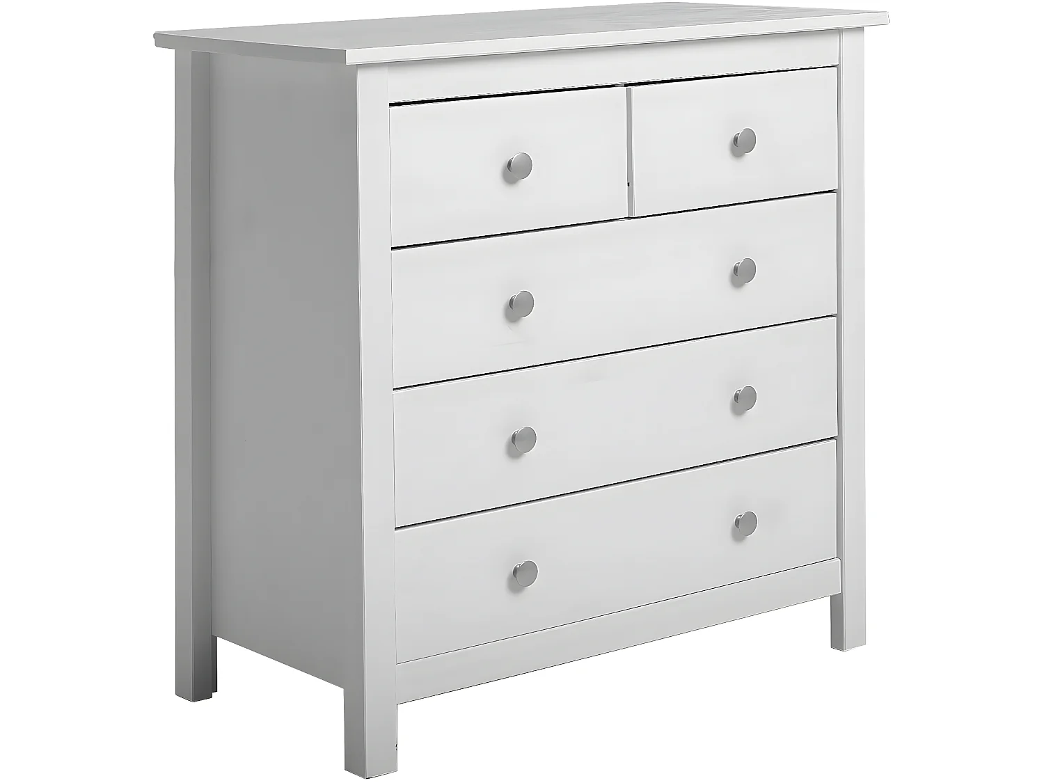 Cômoda de 5 gavetas Berna em branco e gavetas brancas, pinho maciço.