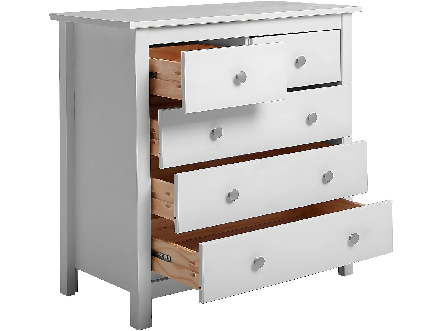 Cômoda de 5 gavetas Berna em branco e gavetas brancas, pinho maciço.