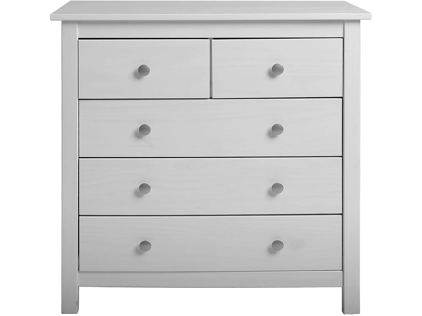 Cômoda de 5 gavetas Berna em branco e gavetas brancas, pinho maciço.