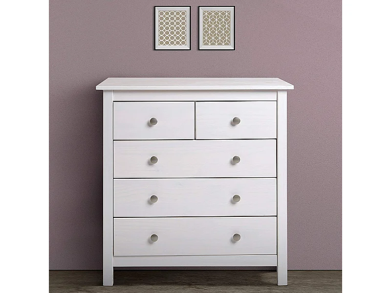 Cassettiera Berna Bianco con 5 cassetti, Realizzato in Pino Massiccio