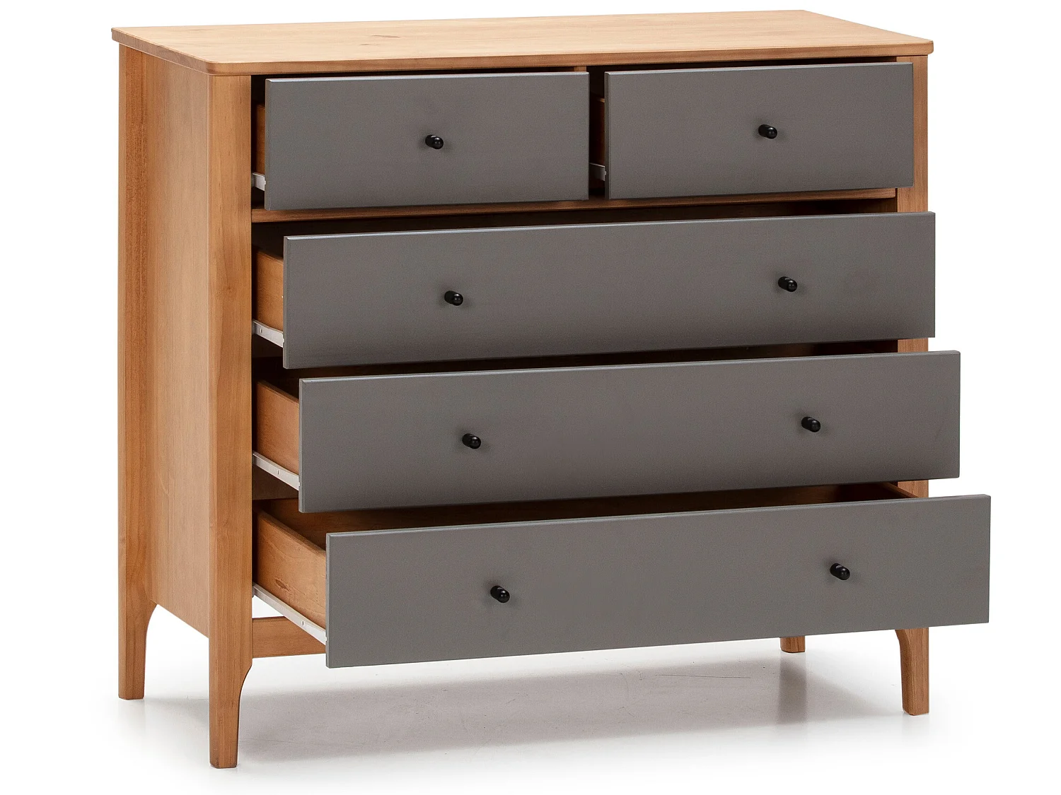 Cómoda de Noche Luca 5 cajones Roble, Madera Maciza, 90 cm (Ancho) 40 cm (Profundo)