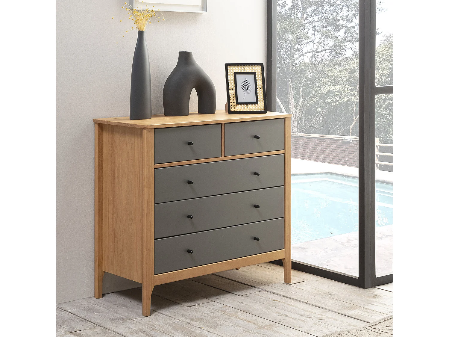 Commode 5 tiroirs Luca dans les tiroirs Chêne/Gris, 90 cm Longueur