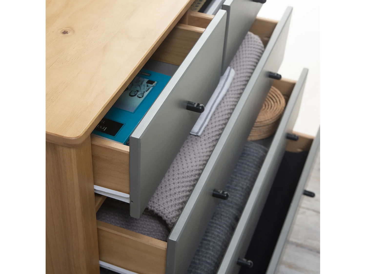 Commode 5 tiroirs Luca dans les tiroirs Chêne/Gris, 90 cm Longueur