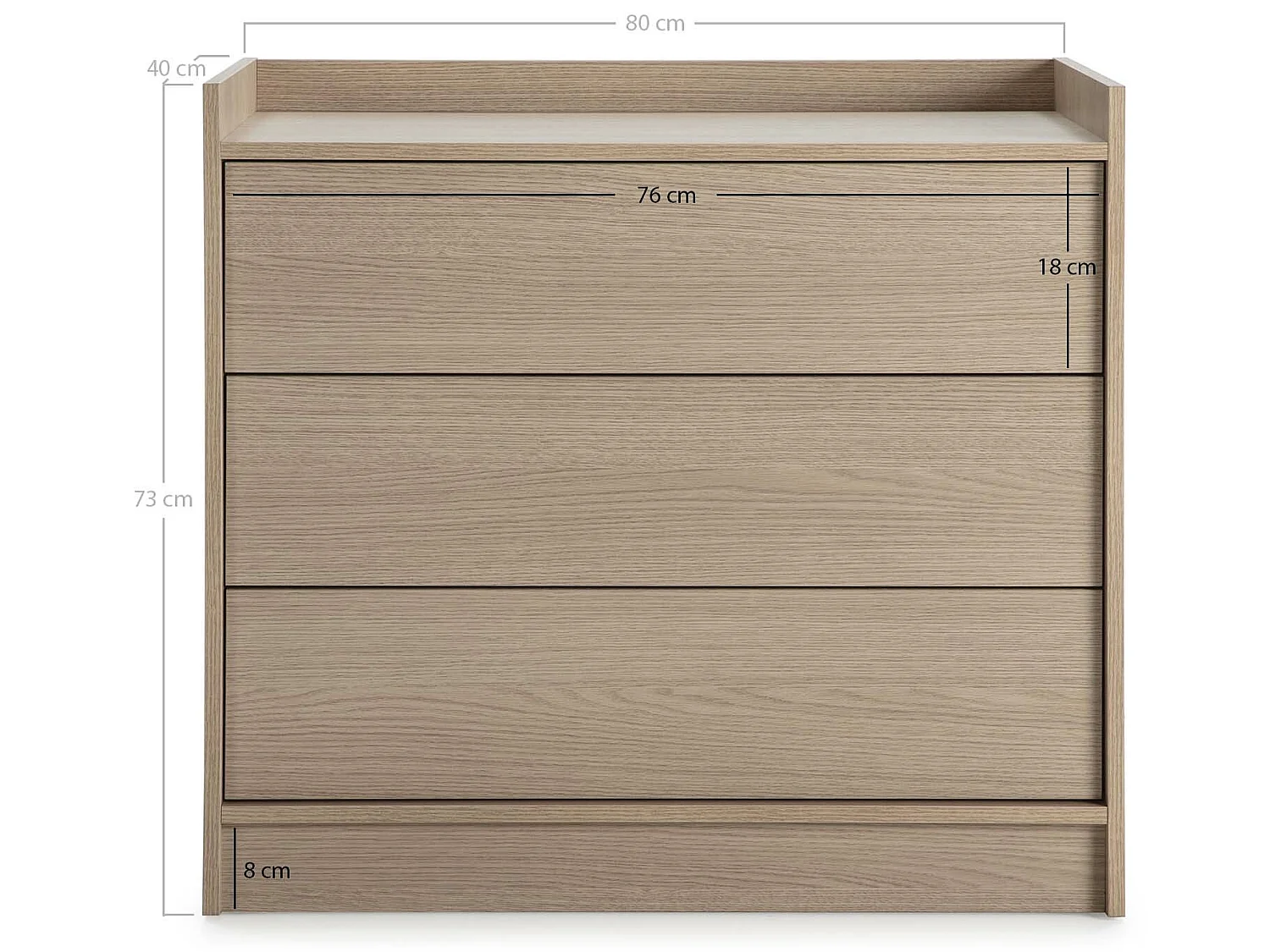 Commode Moscú avec 3 tiroirs, Couleur Chêne, 80 cm Largeur