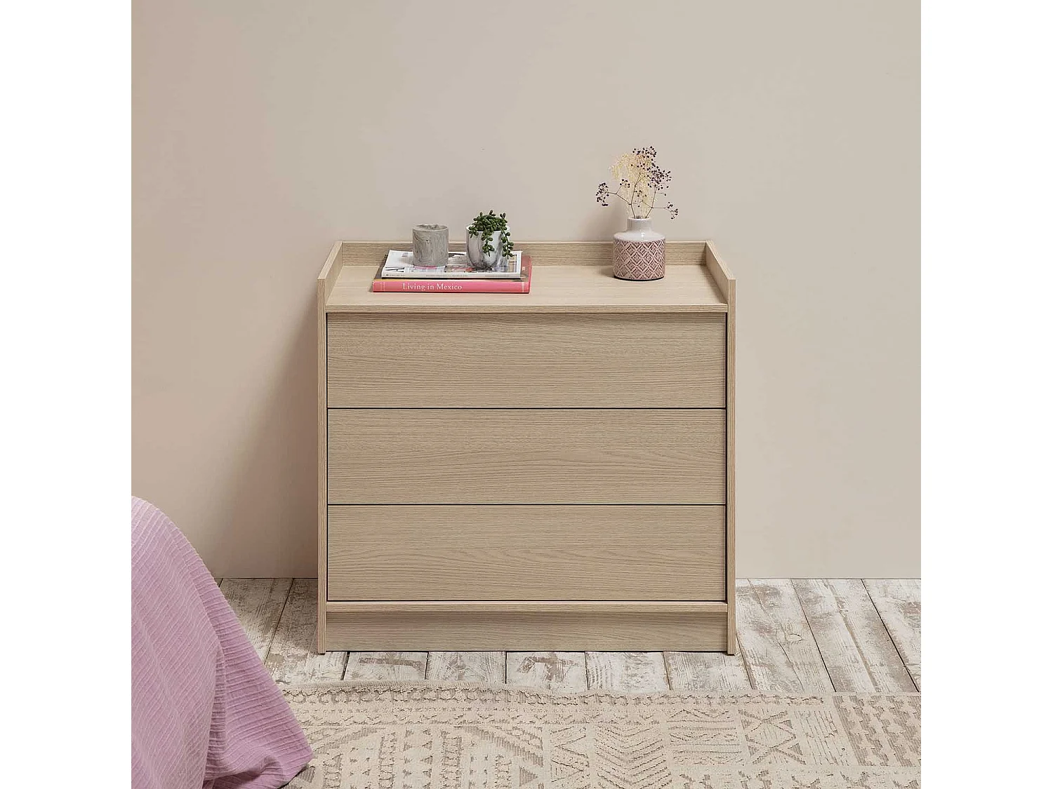 Commode Moscú avec 3 tiroirs, Couleur Chêne, 80 cm Largeur