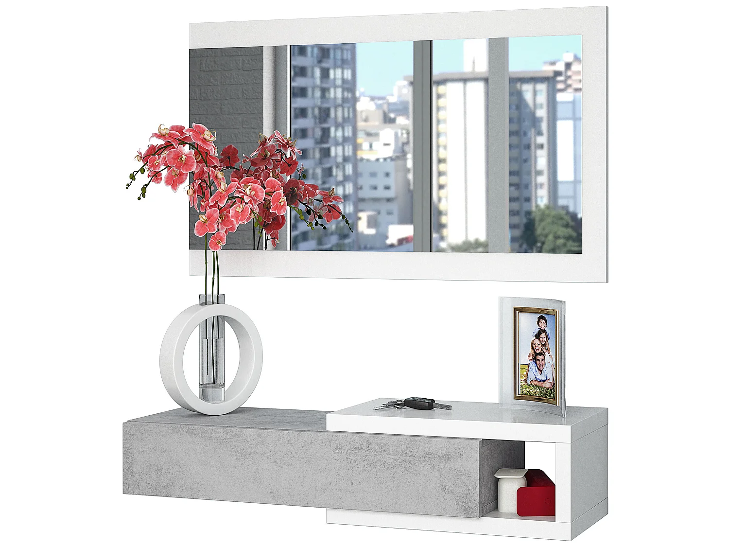 Meuble d'entrée Moon avec 1 tiroir et Miroir, Gris/Blanc, Meuble, 95 cm Largeur