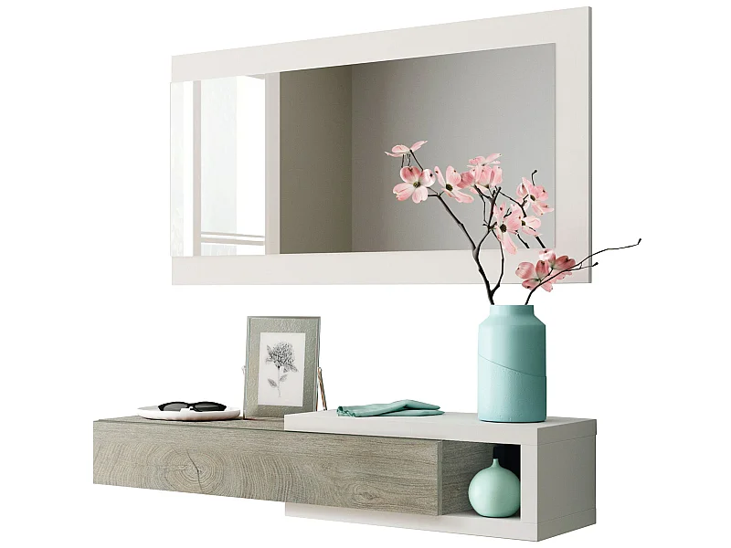Szafka wejściowa Moon z 1 szufladą i lustrem, dąb/biały, mebel, szerokość 95 cm.