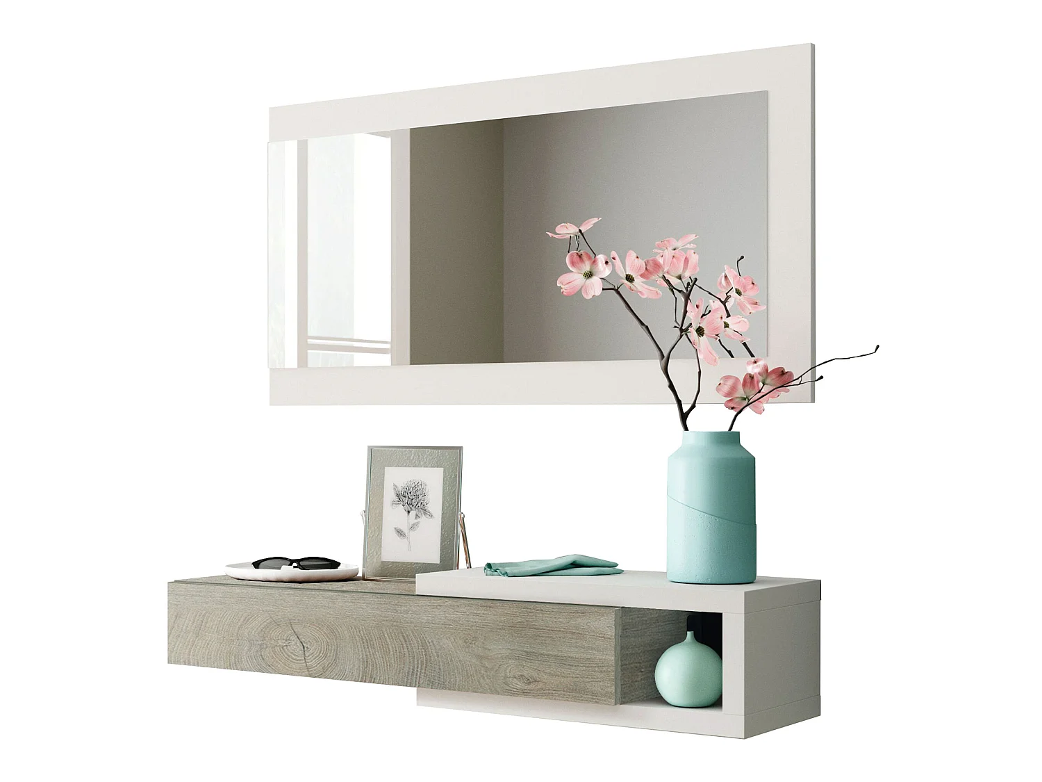 Meuble d'entrée Moon avec 1 tiroir et Miroir, Chêne/Blanc, Meuble, 95 cm Largeur
