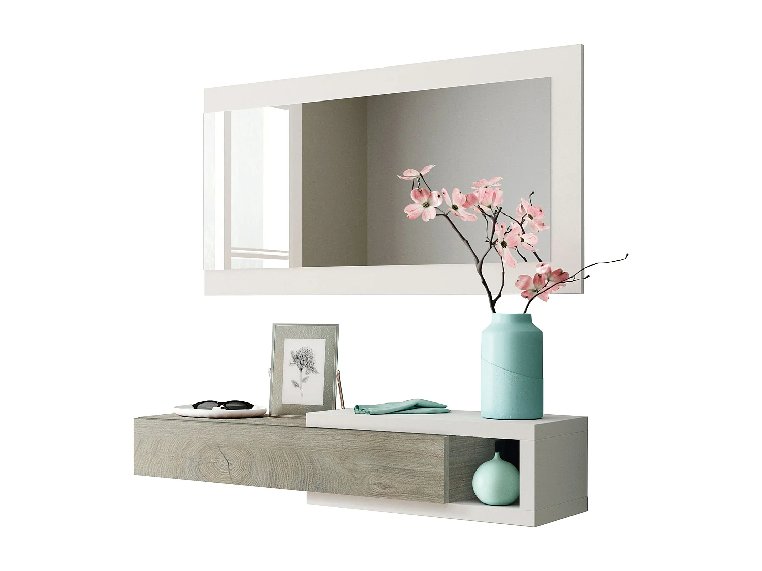 Meuble d'entrée Moon avec 1 tiroir et Miroir, Chêne/Blanc, Meuble, 95 cm Largeur