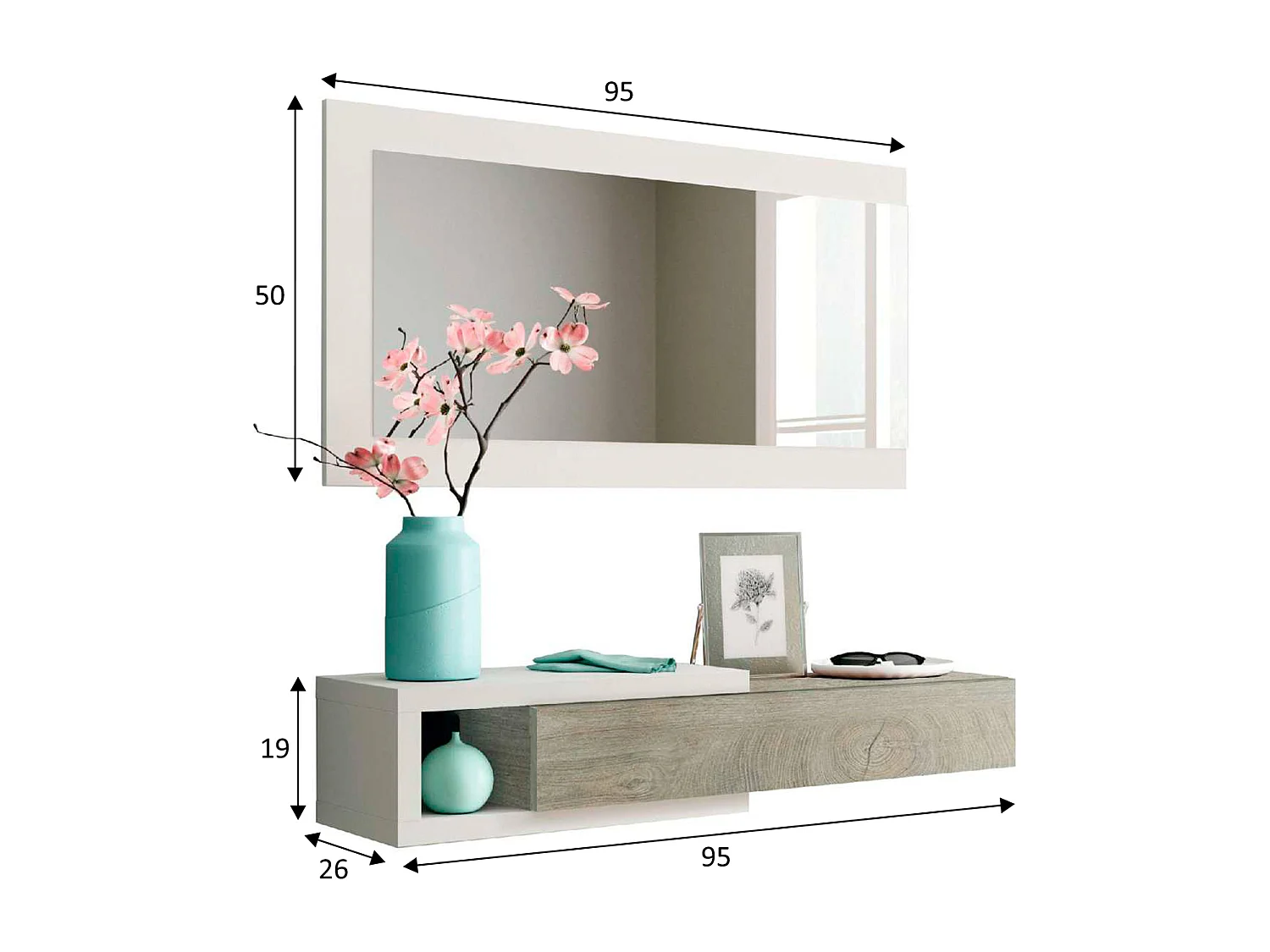 Meuble d'entrée Moon avec 1 tiroir et Miroir, Chêne/Blanc, Meuble, 95 cm Largeur