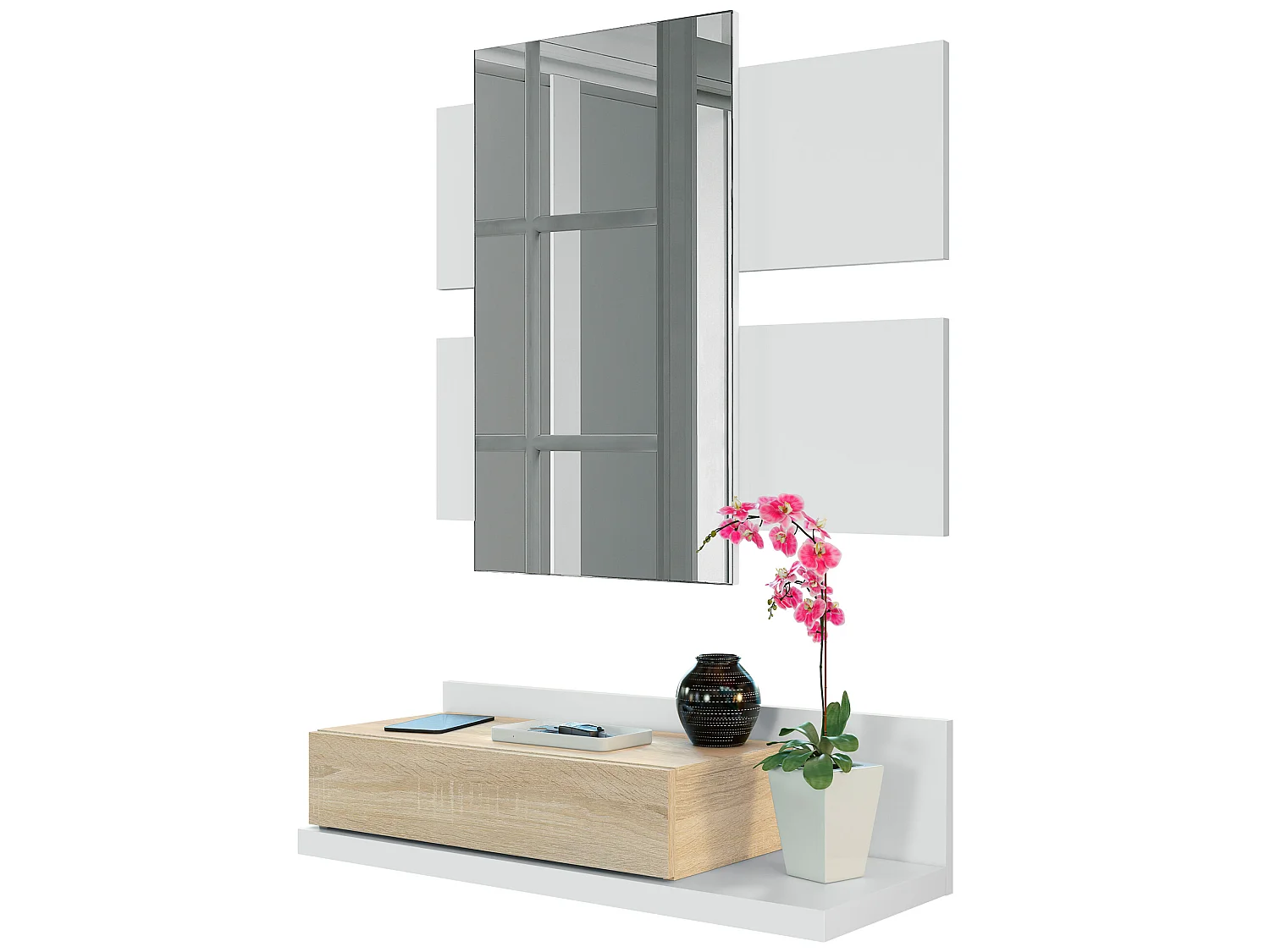 Meuble d'entrée Telma avec 1 tiroir et Miroir Blanc/Chêne, 75 cm Largeur