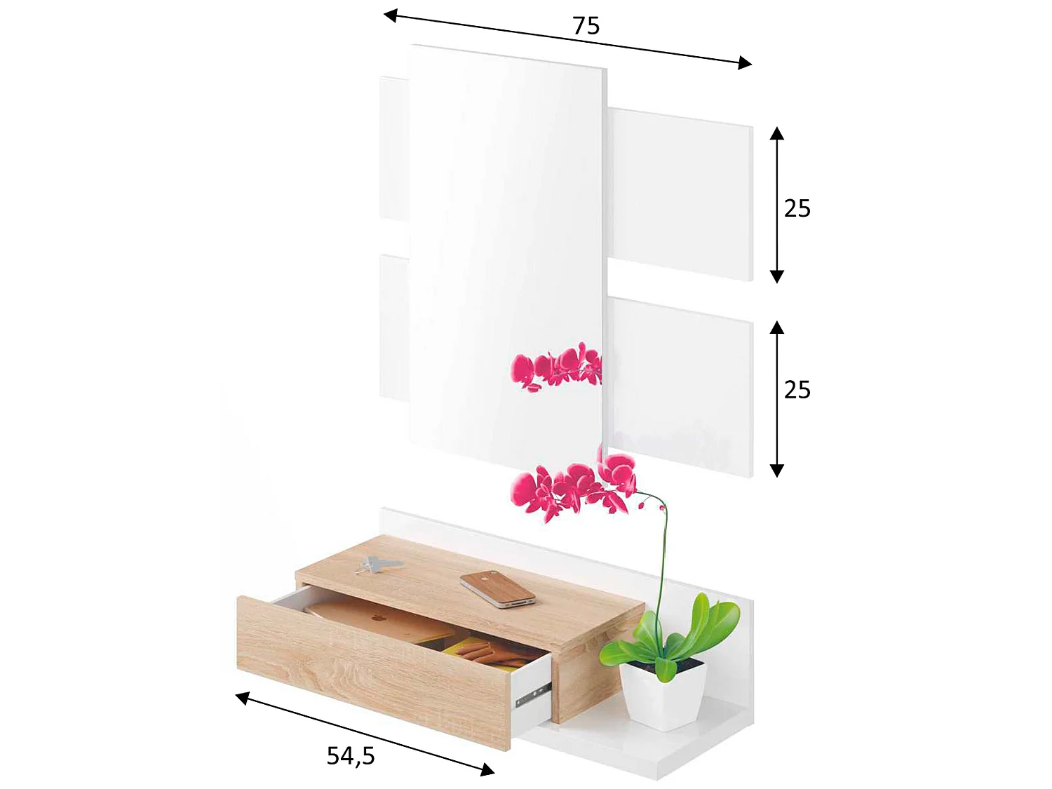 Meuble d'entrée Telma avec 1 tiroir et Miroir Blanc/Chêne, 75 cm Largeur