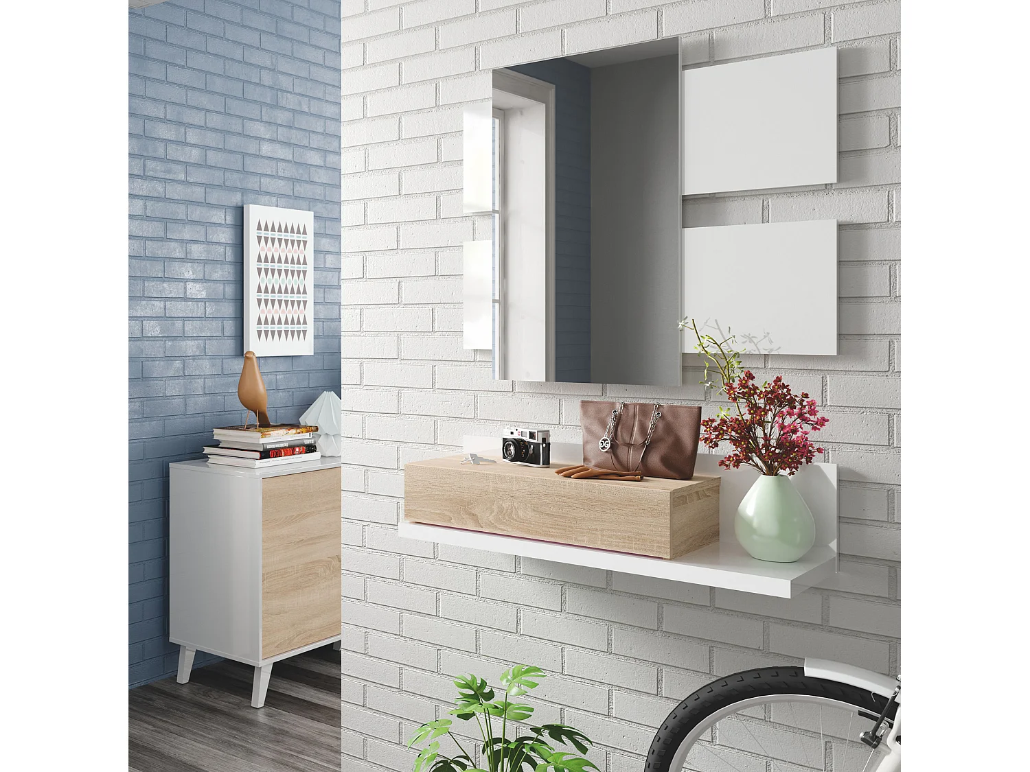 Meuble d'entrée Telma avec 1 tiroir et Miroir Blanc/Chêne, 75 cm Largeur