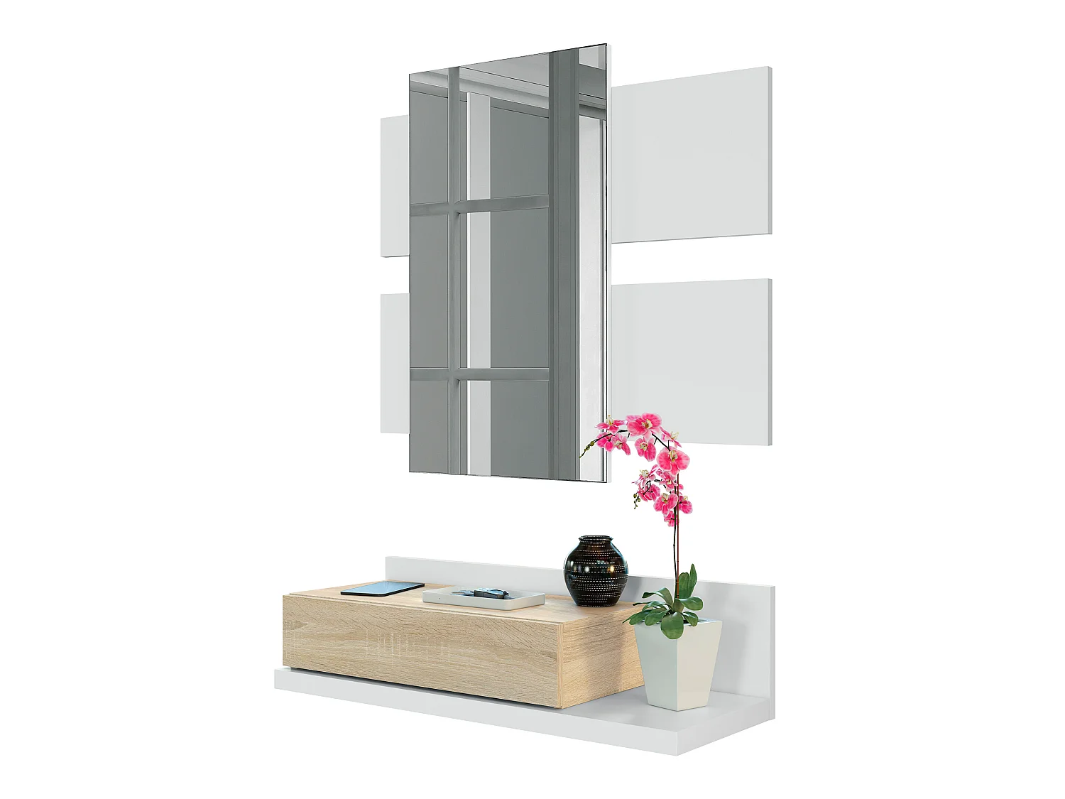 Meuble d'entrée Telma avec 1 tiroir et Miroir Blanc/Chêne, 75 cm Largeur