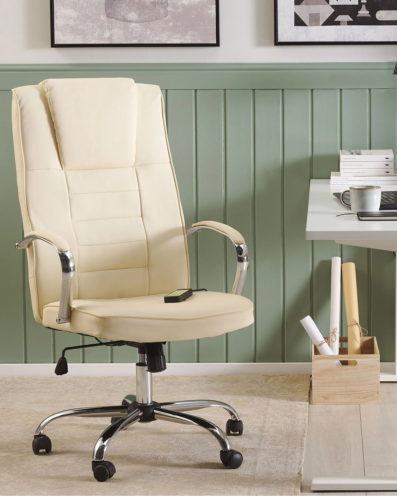 Bequemer Chefsessel Massagefunktion Heizfunktion Kunstleder beige Grandeur