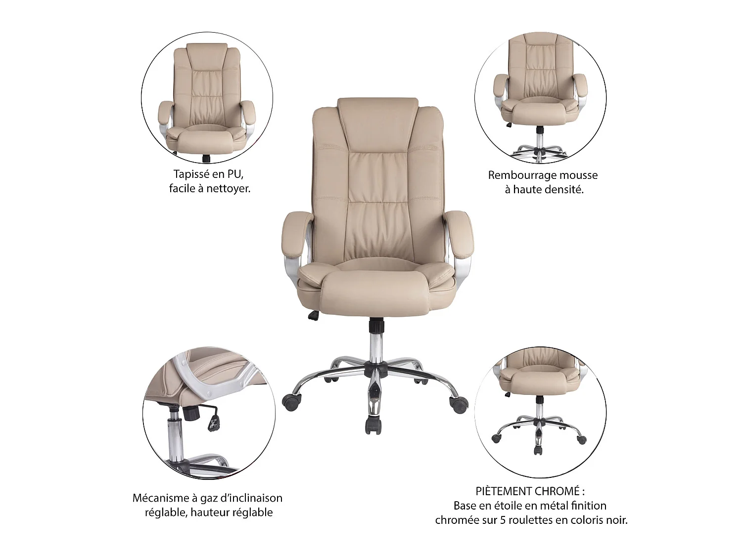 Kantoorstoel Karen verstelbaar en kantelbaar, synthetisch leer, Taupe kleur.