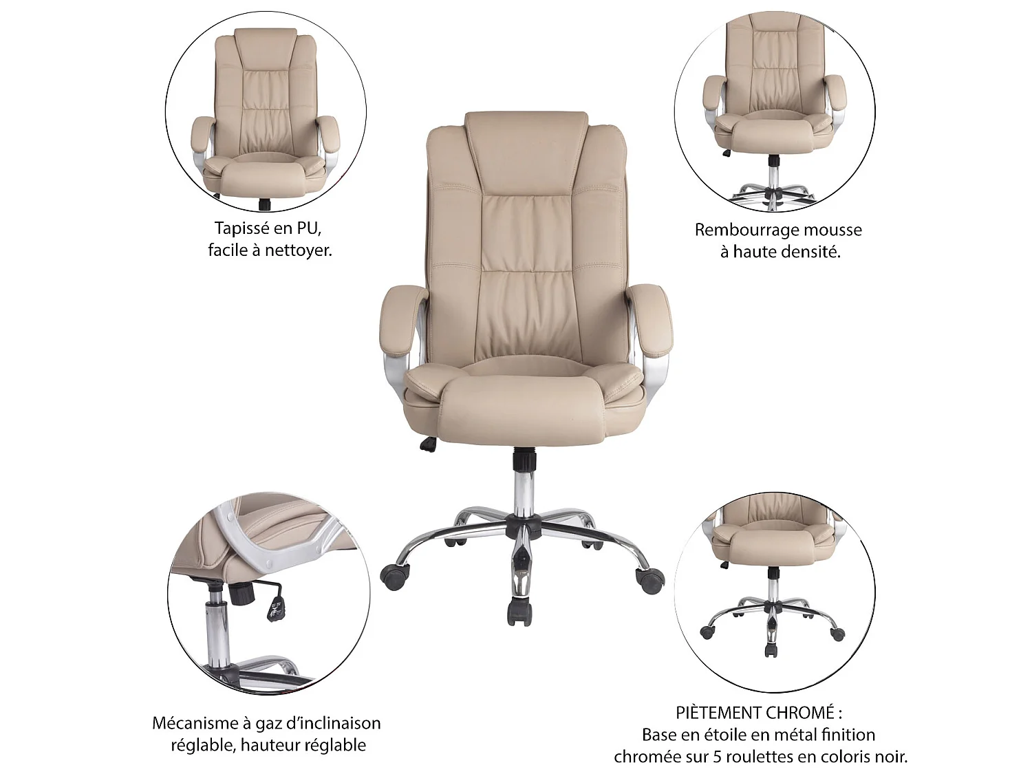 Chaise de Bureau Karen Elevable et Fauteuil inclinable en Simili Cuir Taupe