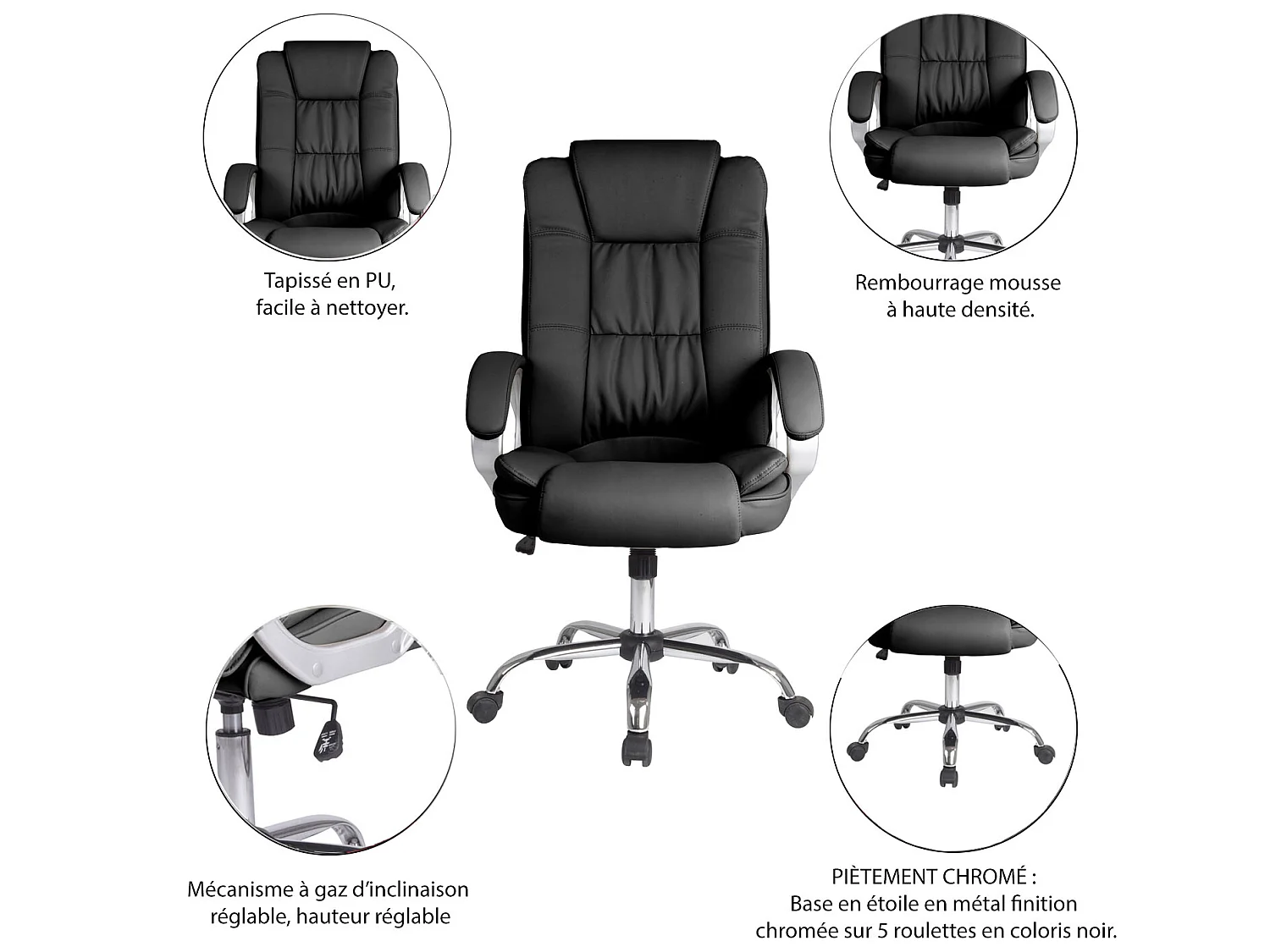 Sillón de Oficina Karen elevable y reclinable, Piel sintética, Color Negro