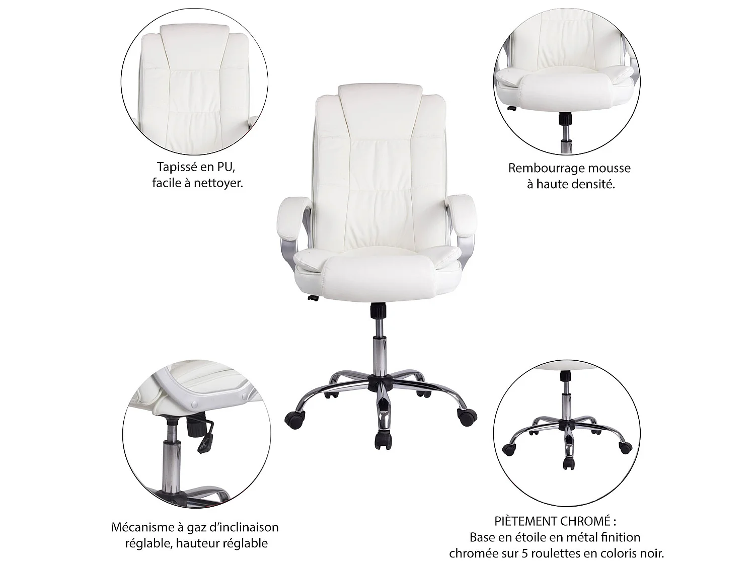 Sillón de Oficina Karen elevable y reclinable, Piel sintética, Color Blanco