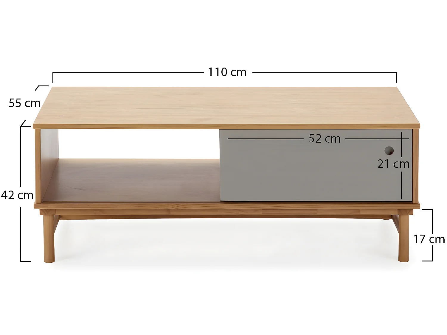 Table Basse Magnus 1 Porte Coulissante et 1 Creux, Bois Massif, Longueur 110 cm