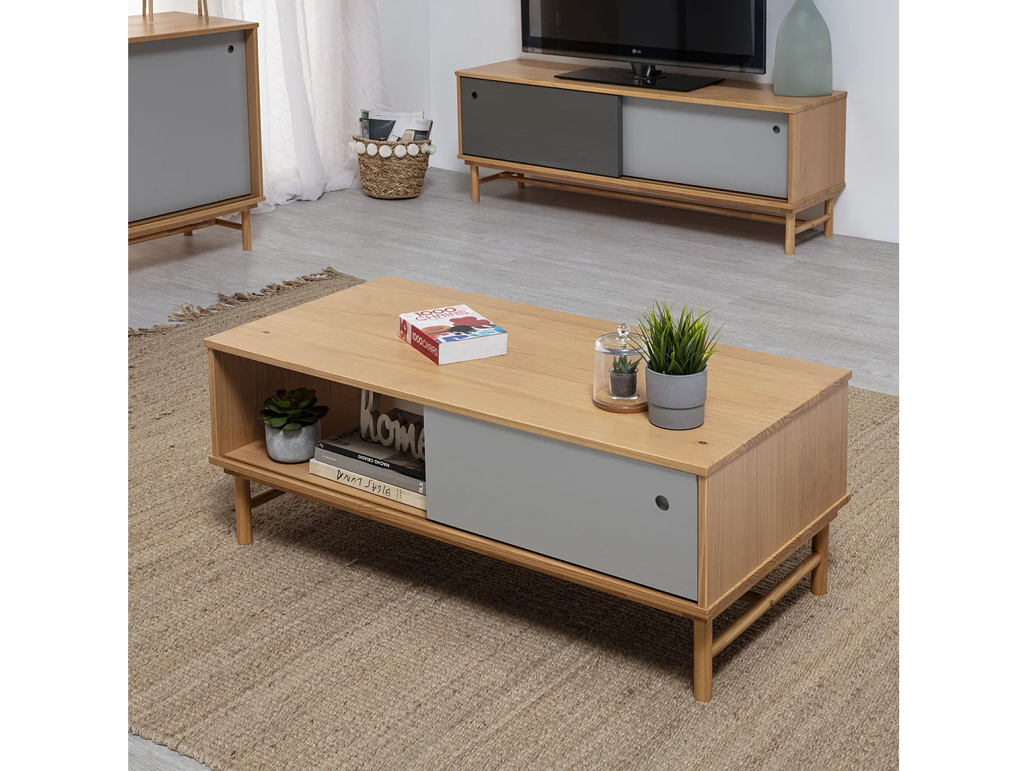 Table Basse Magnus 1 Porte Coulissante et 1 Creux, Bois Massif, Longueur 110 cm