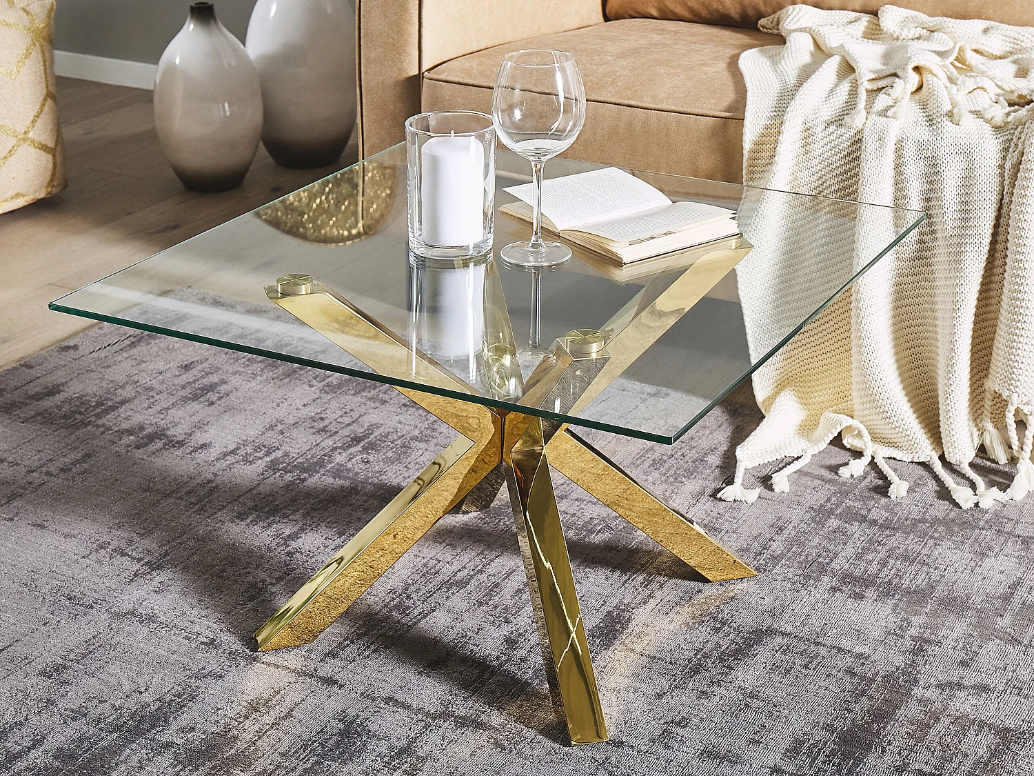 Couchtisch transparent Glas mit Metallgestell quadratisch 70x70cm gold Starlight