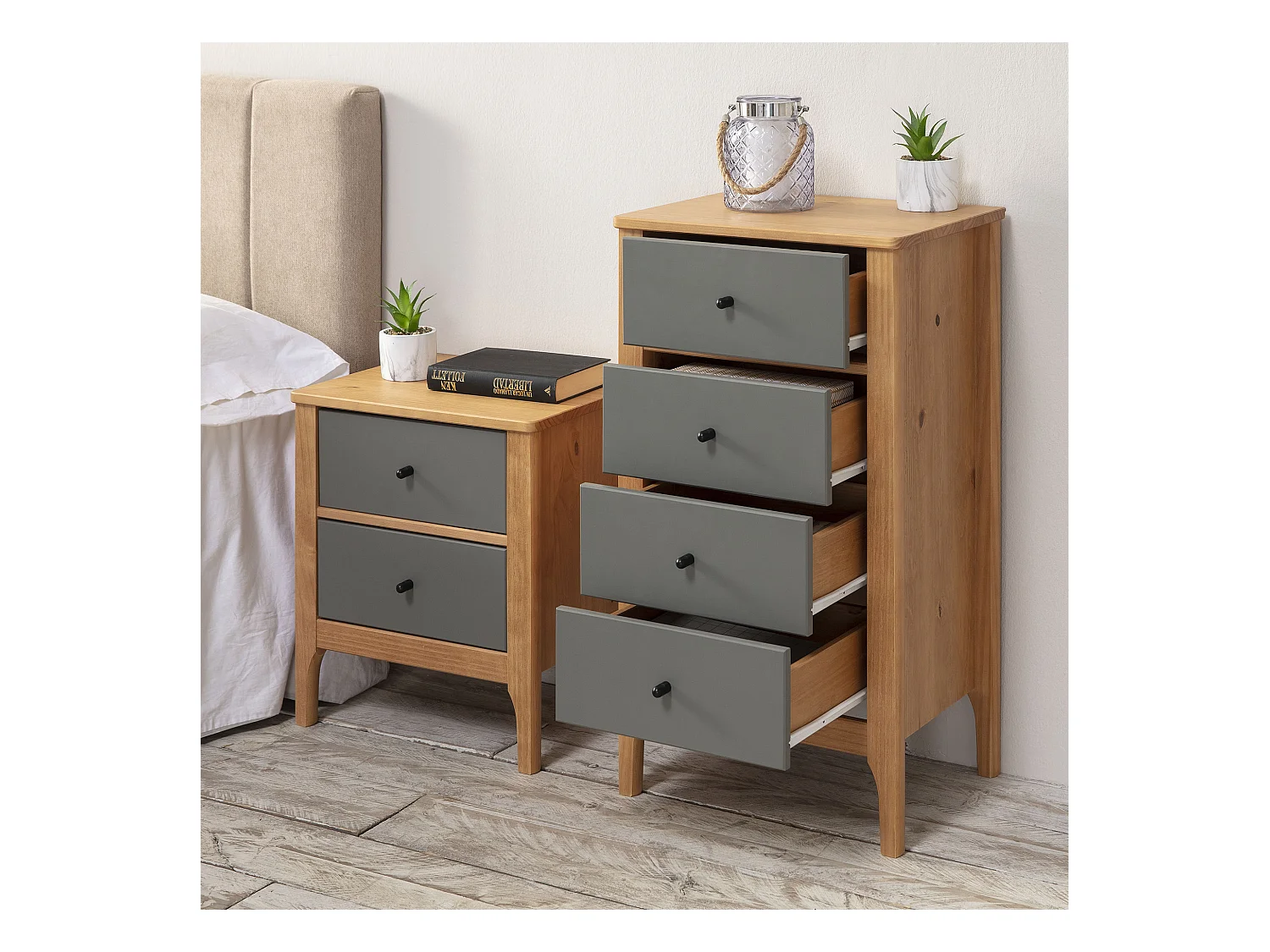 Chiffonnier Nuit 4 tiroirs Luca dans les tiroirs Chêne/Gris, 46 cm Longueur