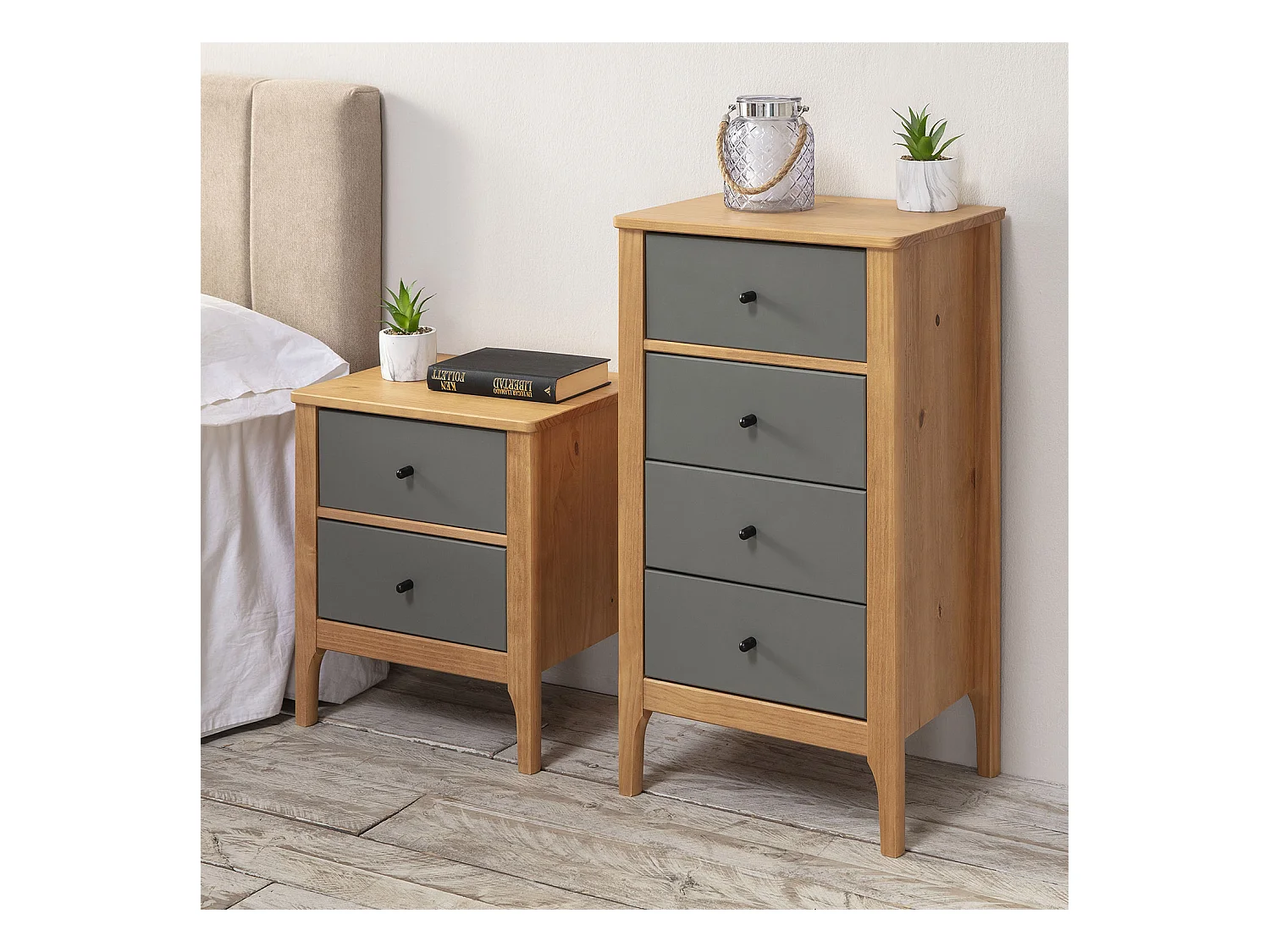 Chiffonnier Nuit 4 tiroirs Luca dans les tiroirs Chêne/Gris, 46 cm Longueur