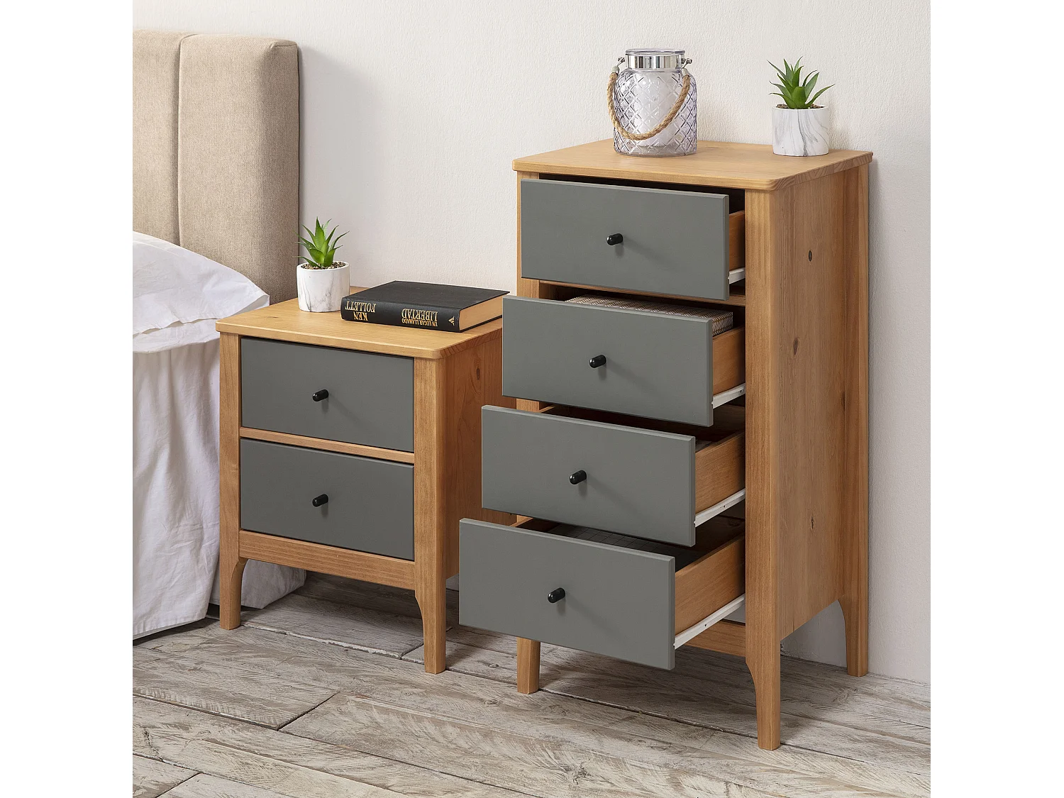 Chiffonnier Nuit 4 tiroirs Luca dans les tiroirs Chêne/Gris, 46 cm Longueur