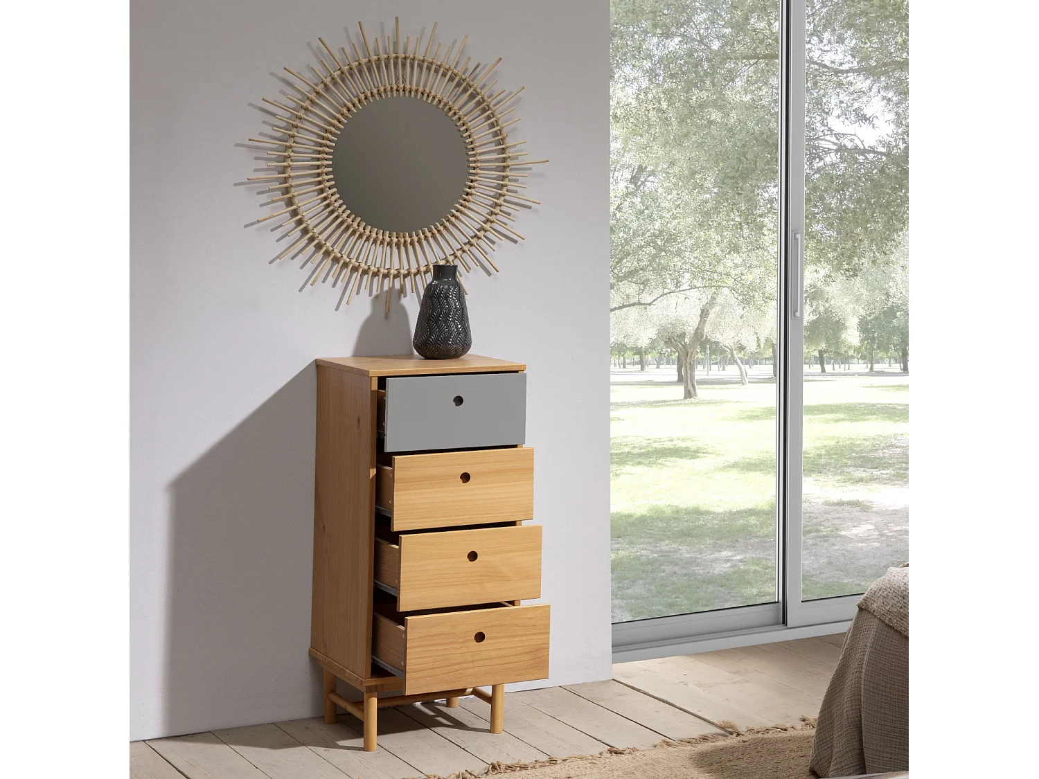 Chiffonnier de nuit Magnus 4 tiroirs, bois massif, 40 cm Largeur