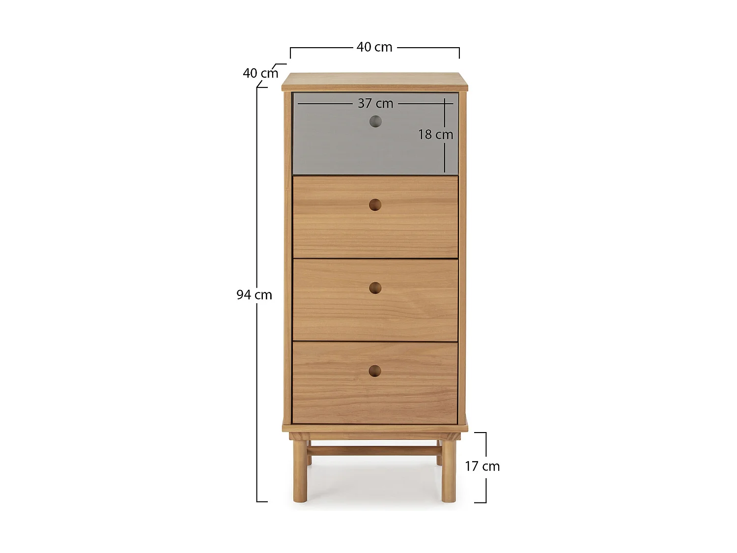 Chiffonnier de nuit Magnus 4 tiroirs, bois massif, 40 cm Largeur