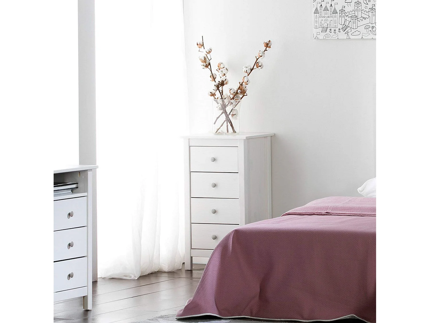 Chiffonnier Nuit 4 tiroirs Berna dans les tiroirs Blanc, 46 cm Longueur