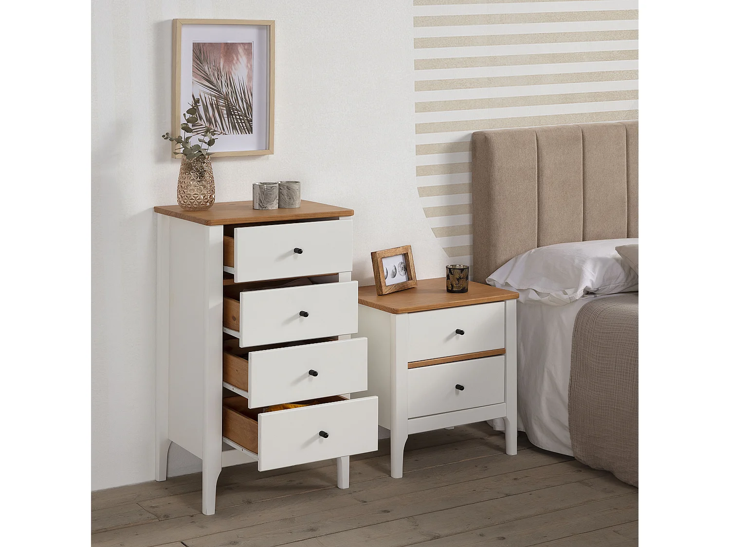 Chiffonnier Nuit 4 tiroirs Luca dans les tiroirs Blanc/Chêne, 46 cm Longueur