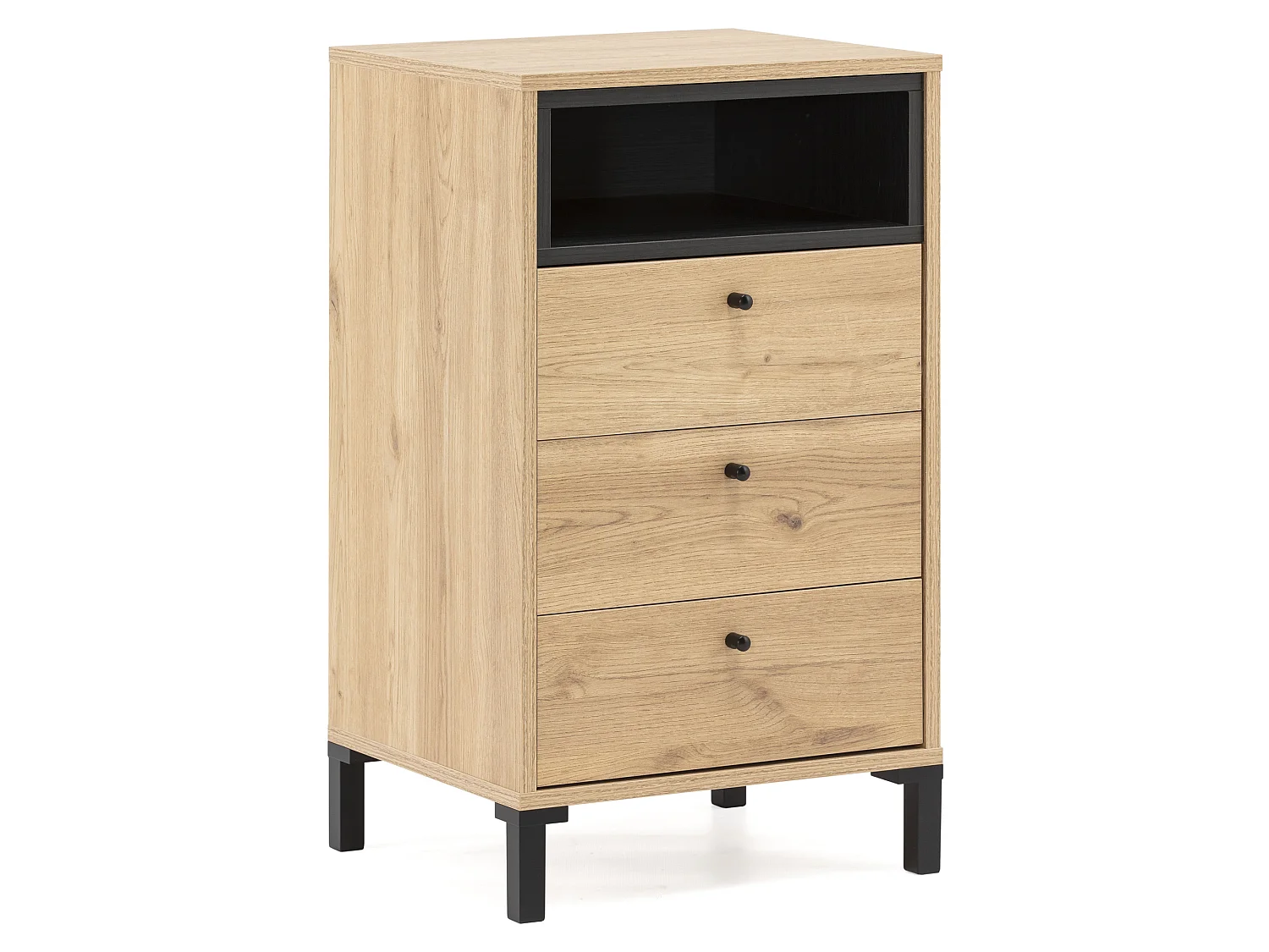 Chiffonnier Javea 3 tiroirs et 1 Niche, Couleur Bois et Noir, 45 cm Largeur