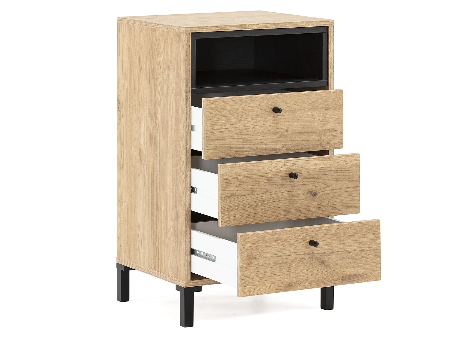 Chiffonnier Javea 3 tiroirs et 1 Niche, Couleur Bois et Noir, 45 cm Largeur