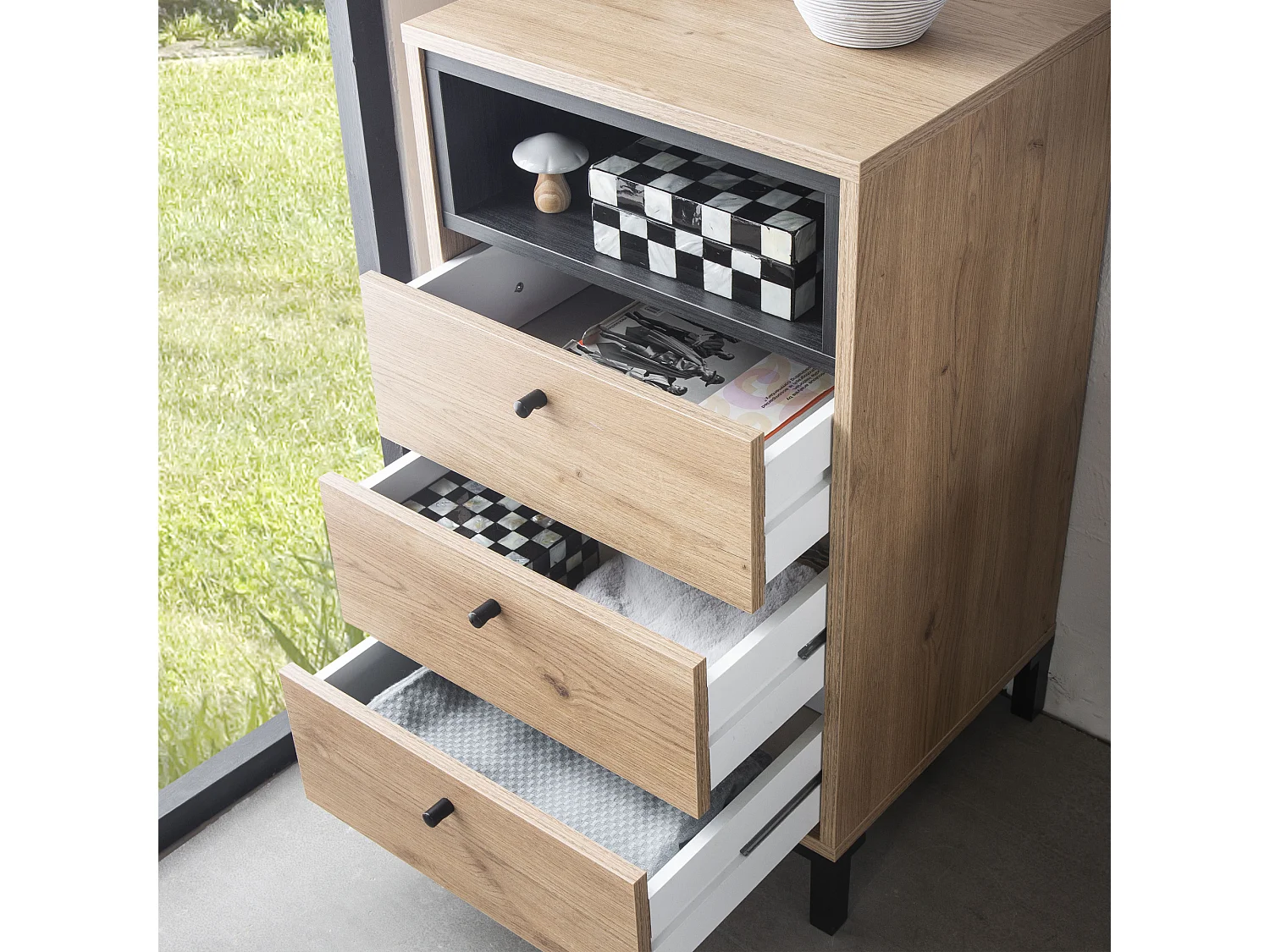 Chiffonnier Javea 3 tiroirs et 1 Niche, Couleur Bois et Noir, 45 cm Largeur