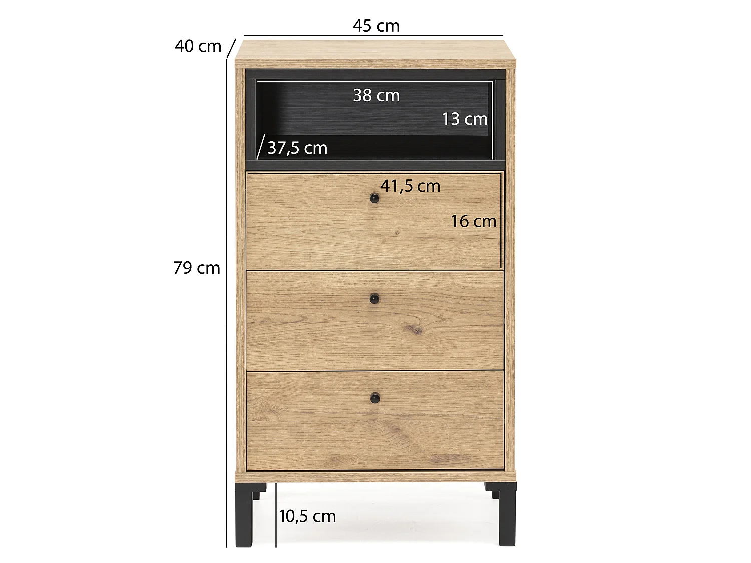 Chiffonnier Javea 3 tiroirs et 1 Niche, Couleur Bois et Noir, 45 cm Largeur