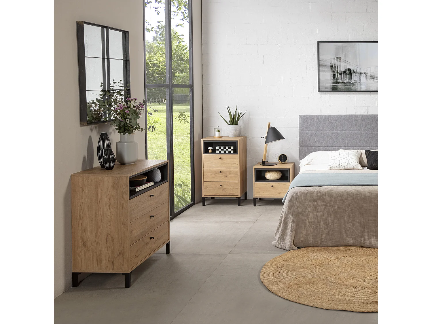 Chiffonnier Javea 3 tiroirs et 1 Niche, Couleur Bois et Noir, 45 cm Largeur