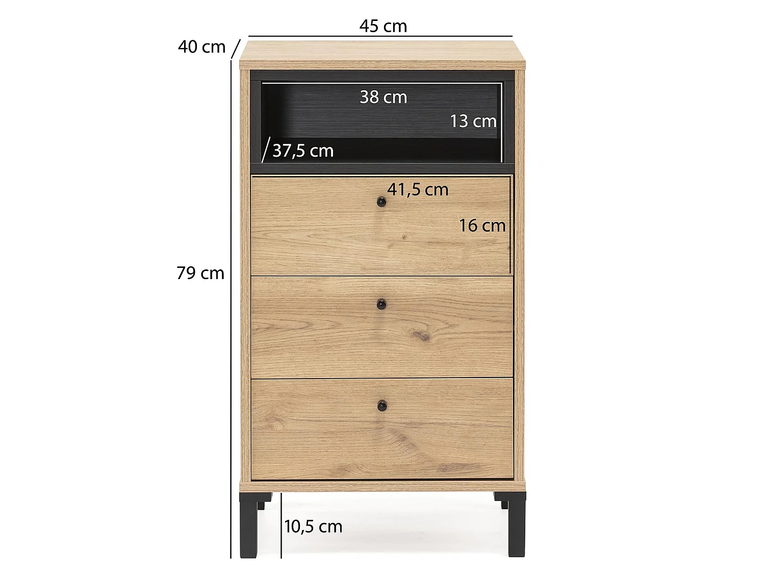 Chiffonnier Javea 3 tiroirs et 1 Niche, Couleur Bois et Noir, 45 cm Largeur