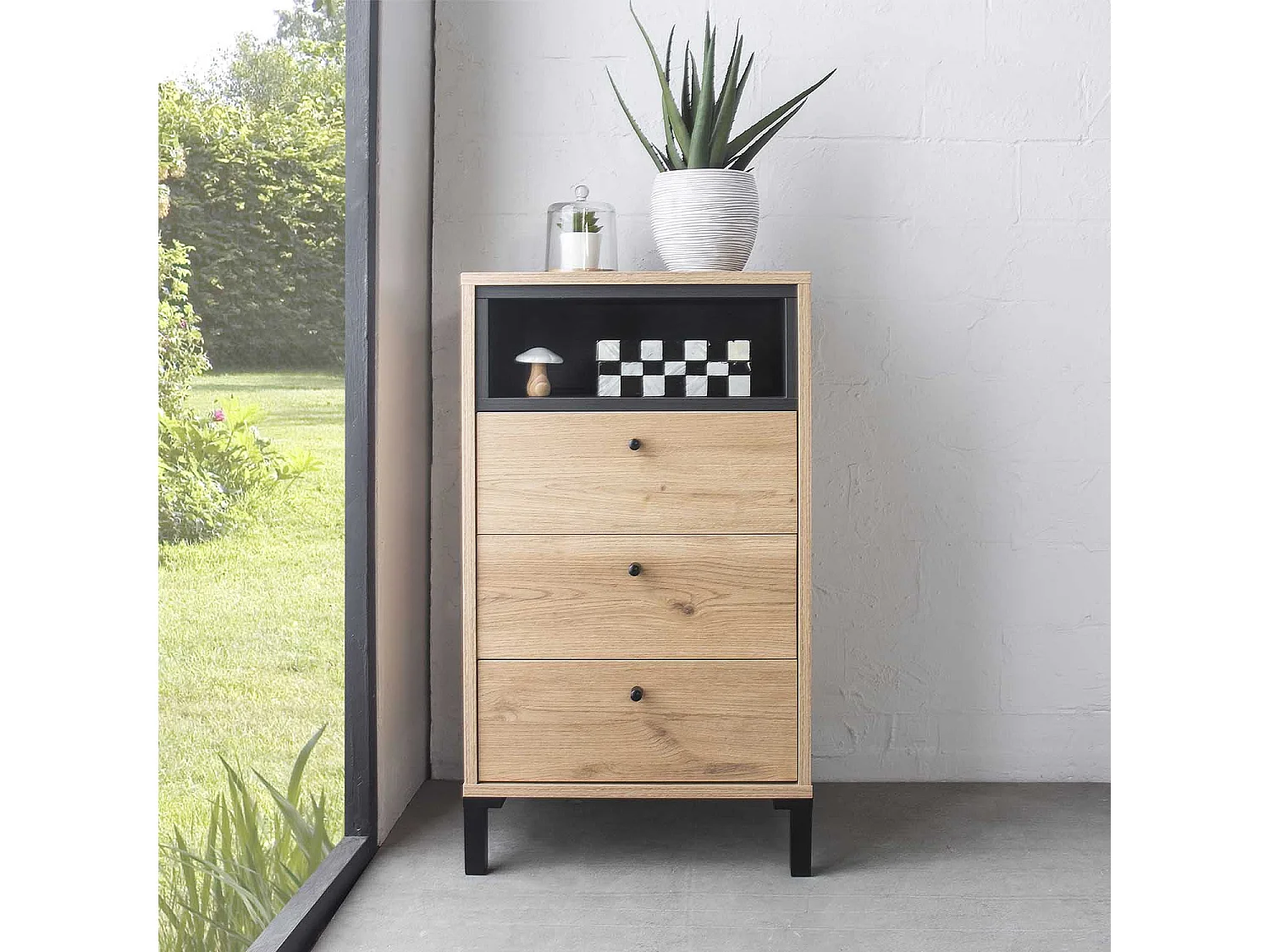 Chiffonnier Javea 3 tiroirs et 1 Niche, Couleur Bois et Noir, 45 cm Largeur