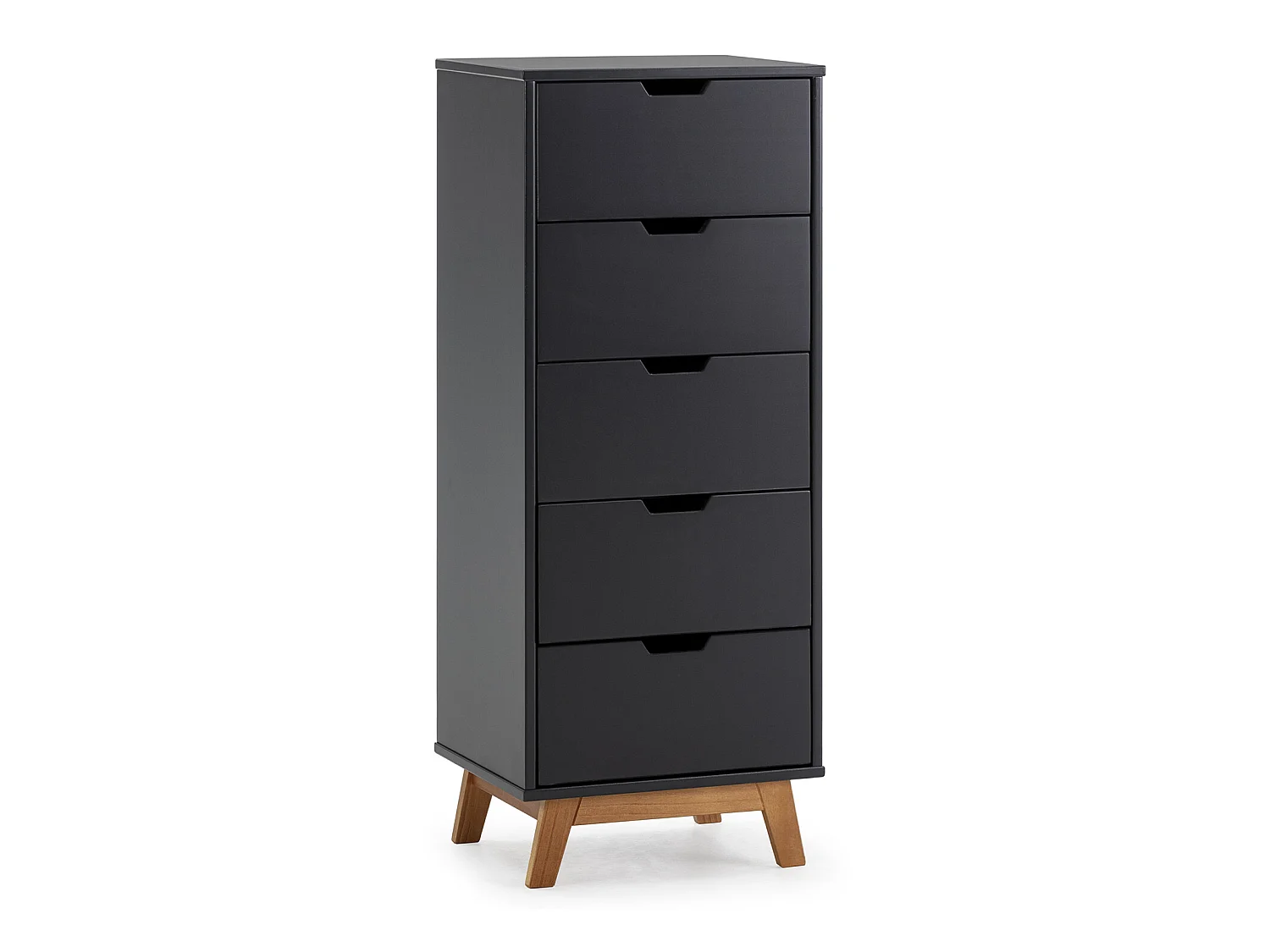 Chifonnier Miranda avec 5 tirois en Couleur Anthracite, Pieds en Bois Naturel