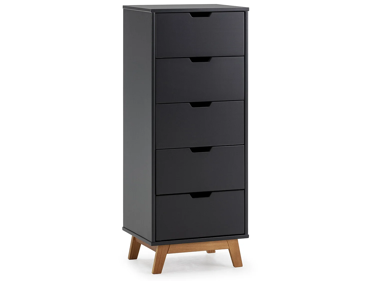 Chifonnier Miranda avec 5 tirois en Couleur Anthracite, Pieds en Bois Naturel