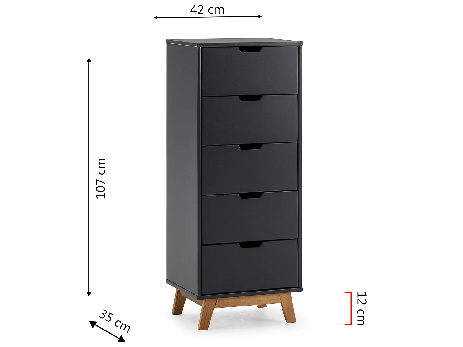 Chifonnier Miranda avec 5 tirois en Couleur Anthracite, Pieds en Bois Naturel